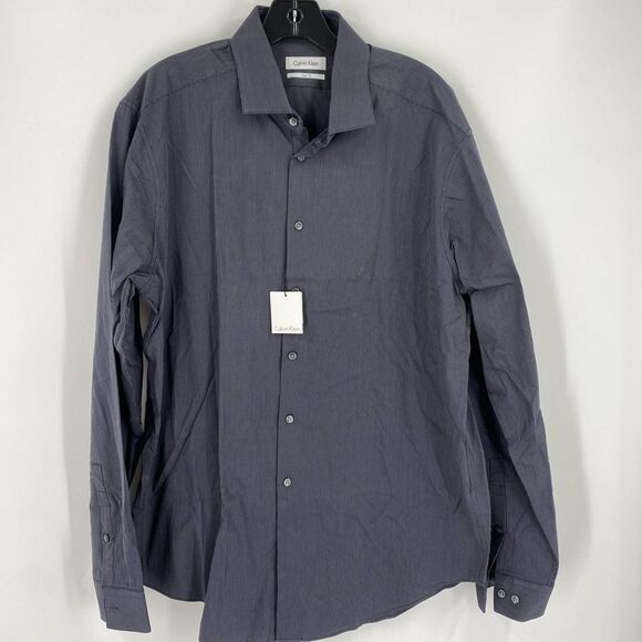 Calvin Klein Gray Striped Slim Fir Dress Shirt Classic Collar size 17 - Picture 1 of 4